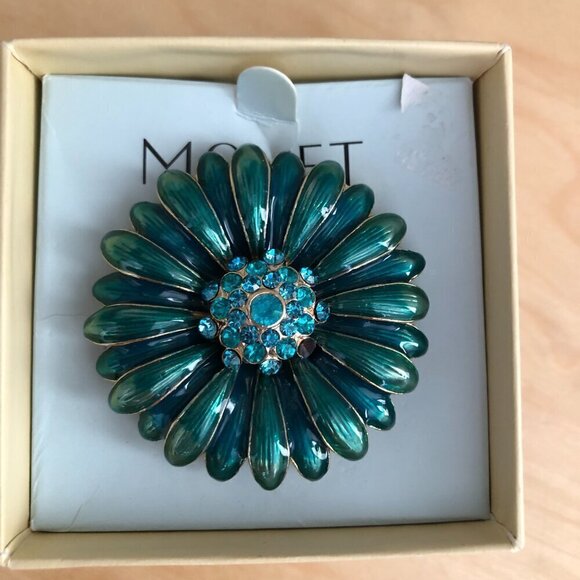Vintage Monet Enamel & Rhinestone Brooch Flower Shape Blue with Gold Tone Accent